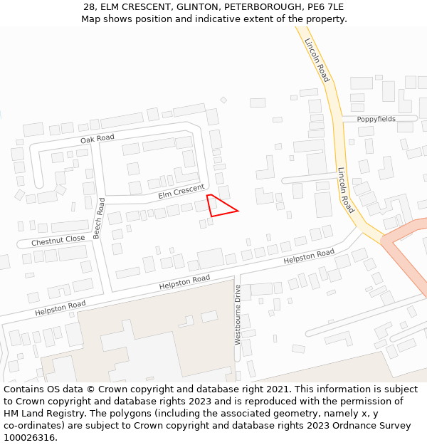 28, ELM CRESCENT, GLINTON, PETERBOROUGH, PE6 7LE: Location map and indicative extent of plot