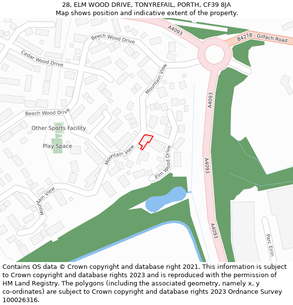 28, ELM WOOD DRIVE, TONYREFAIL, PORTH, CF39 8JA: Location map and indicative extent of plot