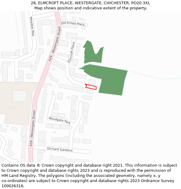 28, ELMCROFT PLACE, WESTERGATE, CHICHESTER, PO20 3XL: Location map and indicative extent of plot