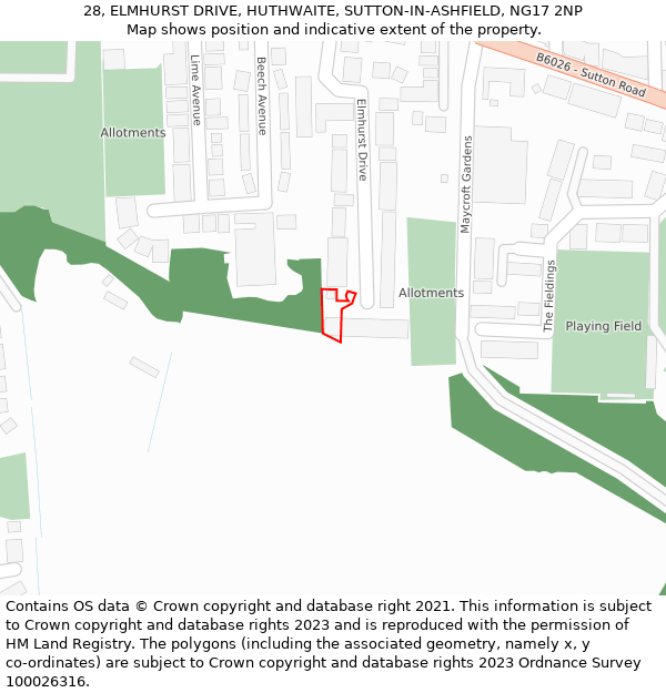 28, ELMHURST DRIVE, HUTHWAITE, SUTTON-IN-ASHFIELD, NG17 2NP: Location map and indicative extent of plot