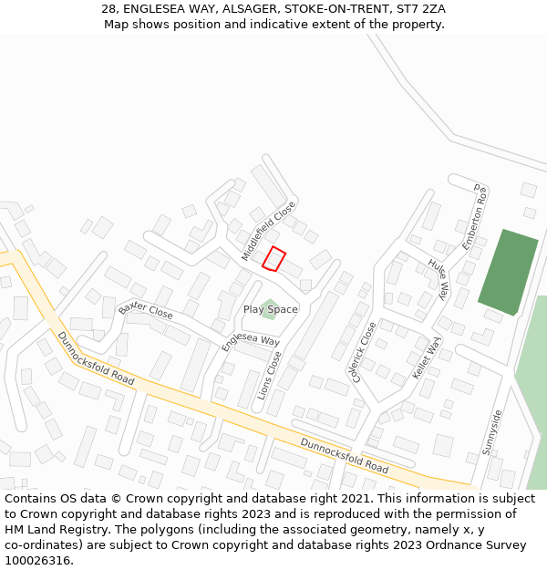 28, ENGLESEA WAY, ALSAGER, STOKE-ON-TRENT, ST7 2ZA: Location map and indicative extent of plot