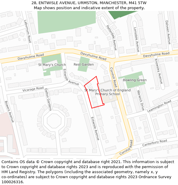 28, ENTWISLE AVENUE, URMSTON, MANCHESTER, M41 5TW: Location map and indicative extent of plot