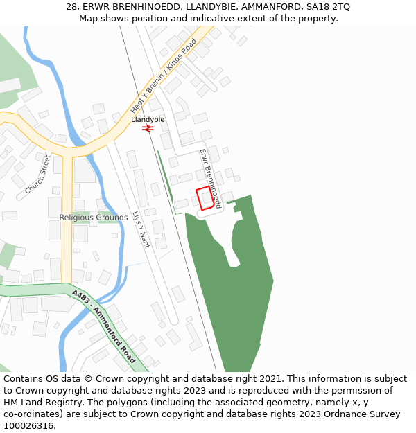 28, ERWR BRENHINOEDD, LLANDYBIE, AMMANFORD, SA18 2TQ: Location map and indicative extent of plot