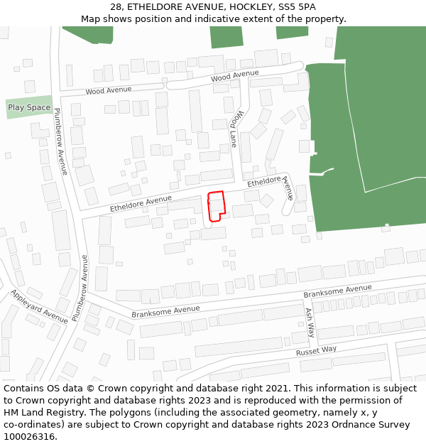 28, ETHELDORE AVENUE, HOCKLEY, SS5 5PA: Location map and indicative extent of plot