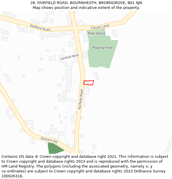 28, FAIRFIELD ROAD, BOURNHEATH, BROMSGROVE, B61 9JN: Location map and indicative extent of plot