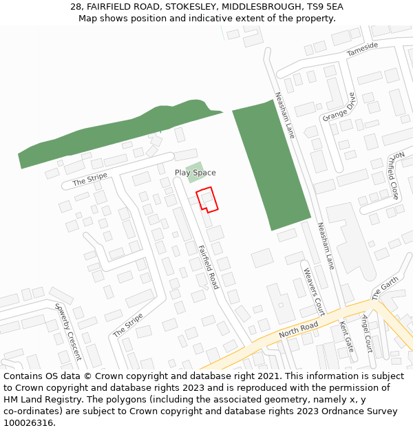 28, FAIRFIELD ROAD, STOKESLEY, MIDDLESBROUGH, TS9 5EA: Location map and indicative extent of plot