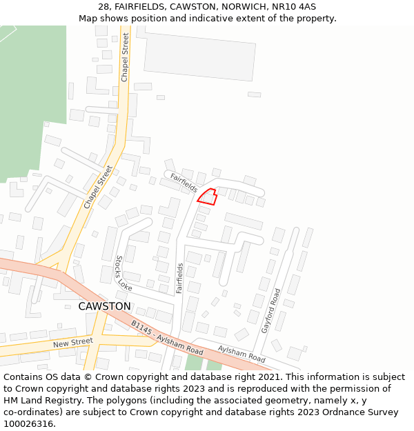 28, FAIRFIELDS, CAWSTON, NORWICH, NR10 4AS: Location map and indicative extent of plot