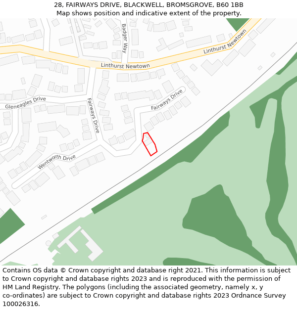 28, FAIRWAYS DRIVE, BLACKWELL, BROMSGROVE, B60 1BB: Location map and indicative extent of plot