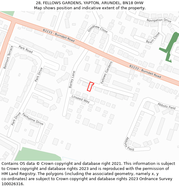 28, FELLOWS GARDENS, YAPTON, ARUNDEL, BN18 0HW: Location map and indicative extent of plot