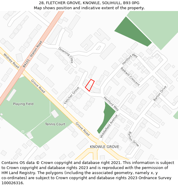 28, FLETCHER GROVE, KNOWLE, SOLIHULL, B93 0PG: Location map and indicative extent of plot