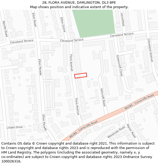 28, FLORA AVENUE, DARLINGTON, DL3 8PE: Location map and indicative extent of plot