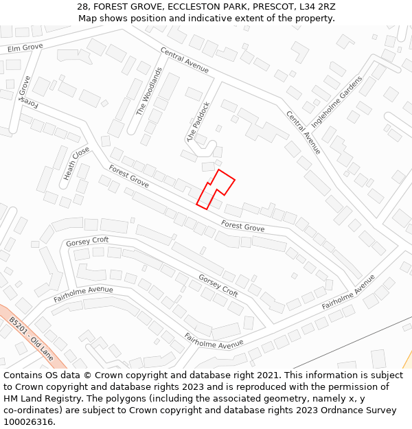 28, FOREST GROVE, ECCLESTON PARK, PRESCOT, L34 2RZ: Location map and indicative extent of plot