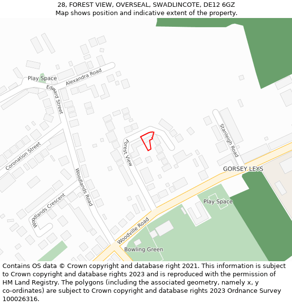 28, FOREST VIEW, OVERSEAL, SWADLINCOTE, DE12 6GZ: Location map and indicative extent of plot