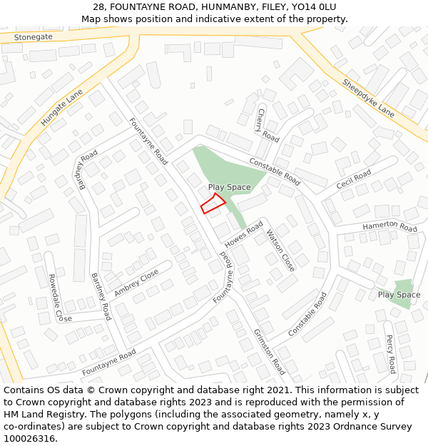 28, FOUNTAYNE ROAD, HUNMANBY, FILEY, YO14 0LU: Location map and indicative extent of plot