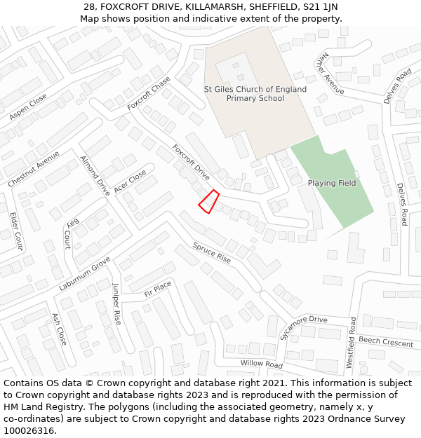 28, FOXCROFT DRIVE, KILLAMARSH, SHEFFIELD, S21 1JN: Location map and indicative extent of plot