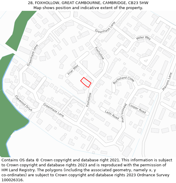 28, FOXHOLLOW, GREAT CAMBOURNE, CAMBRIDGE, CB23 5HW: Location map and indicative extent of plot