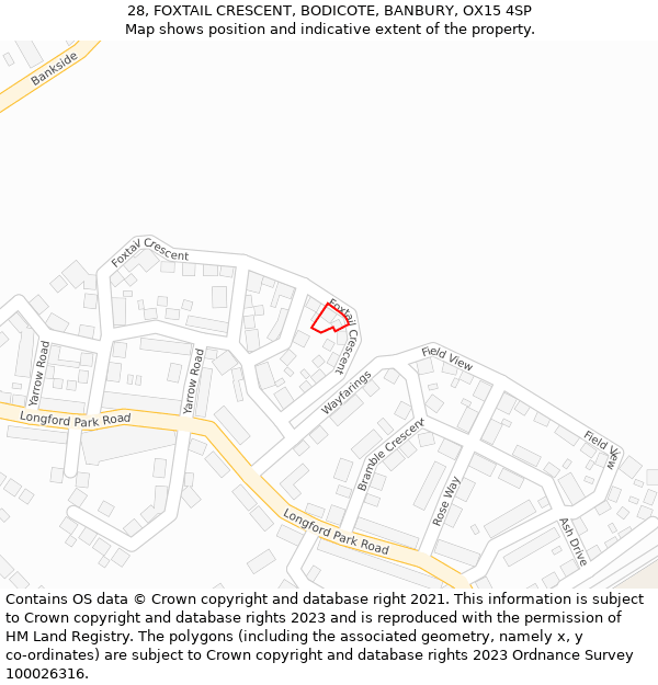 28, FOXTAIL CRESCENT, BODICOTE, BANBURY, OX15 4SP: Location map and indicative extent of plot