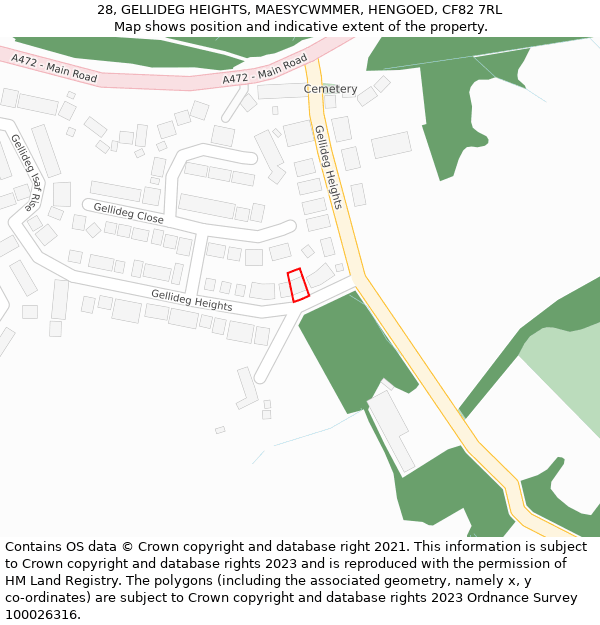 28, GELLIDEG HEIGHTS, MAESYCWMMER, HENGOED, CF82 7RL: Location map and indicative extent of plot