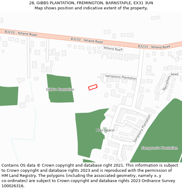 28, GIBBS PLANTATION, FREMINGTON, BARNSTAPLE, EX31 3UN: Location map and indicative extent of plot