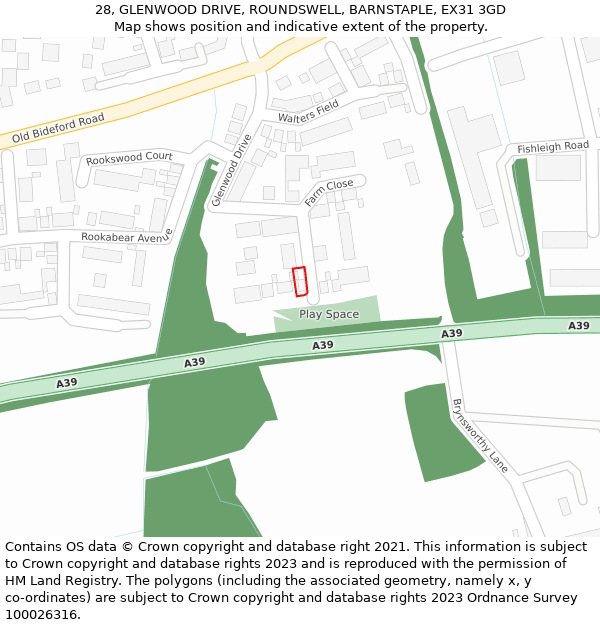 28, GLENWOOD DRIVE, ROUNDSWELL, BARNSTAPLE, EX31 3GD: Location map and indicative extent of plot