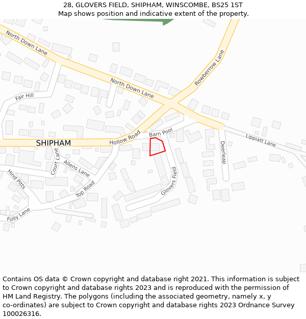 28, GLOVERS FIELD, SHIPHAM, WINSCOMBE, BS25 1ST: Location map and indicative extent of plot