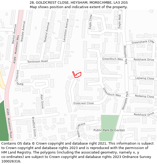 28, GOLDCREST CLOSE, HEYSHAM, MORECAMBE, LA3 2GS: Location map and indicative extent of plot