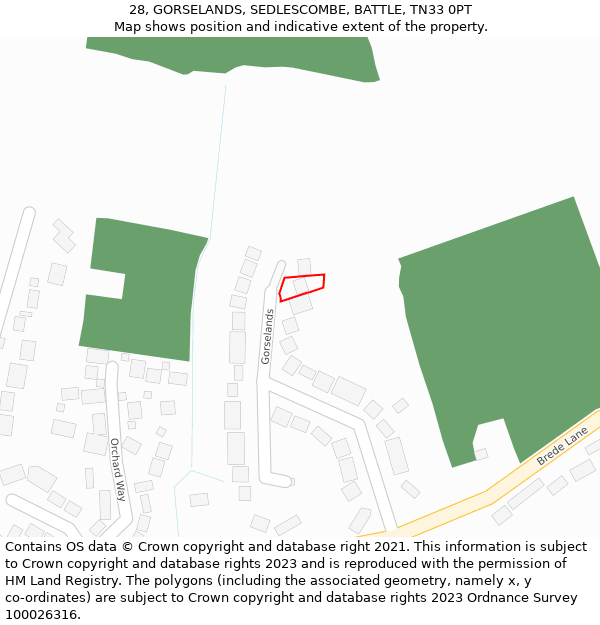 28, GORSELANDS, SEDLESCOMBE, BATTLE, TN33 0PT: Location map and indicative extent of plot