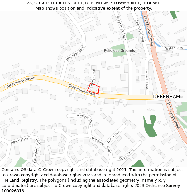 28, GRACECHURCH STREET, DEBENHAM, STOWMARKET, IP14 6RE: Location map and indicative extent of plot