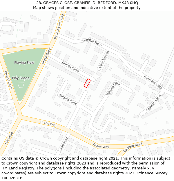 28, GRACES CLOSE, CRANFIELD, BEDFORD, MK43 0HQ: Location map and indicative extent of plot