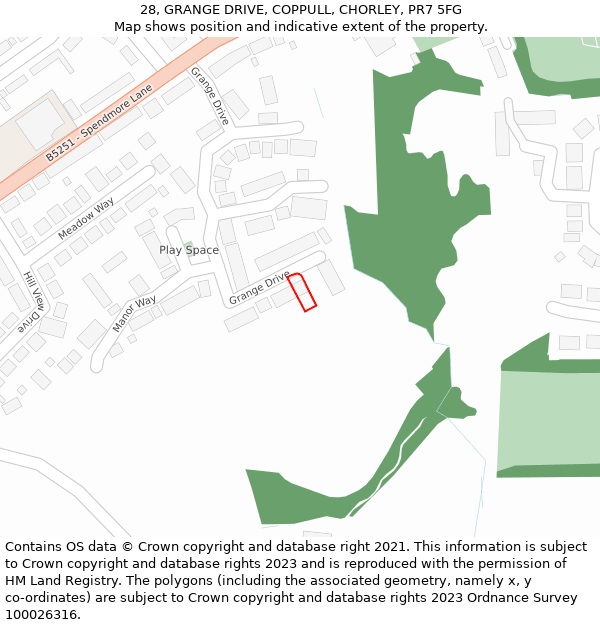 28, GRANGE DRIVE, COPPULL, CHORLEY, PR7 5FG: Location map and indicative extent of plot