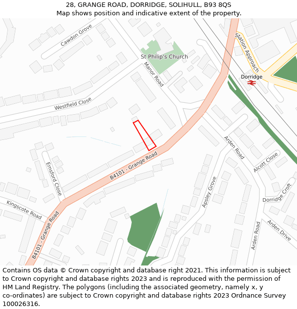 28, GRANGE ROAD, DORRIDGE, SOLIHULL, B93 8QS: Location map and indicative extent of plot