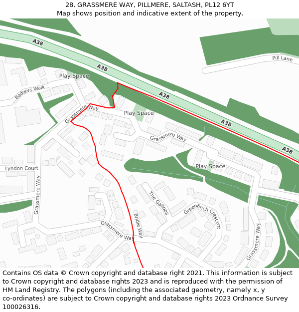 28, GRASSMERE WAY, PILLMERE, SALTASH, PL12 6YT: Location map and indicative extent of plot