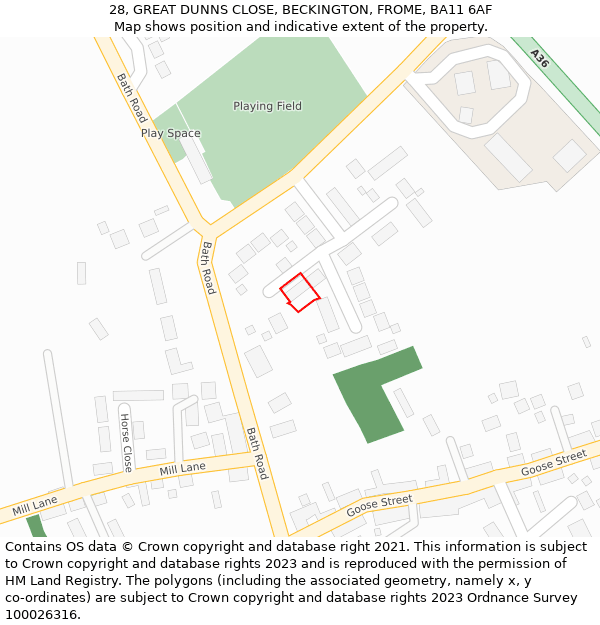 28, GREAT DUNNS CLOSE, BECKINGTON, FROME, BA11 6AF: Location map and indicative extent of plot