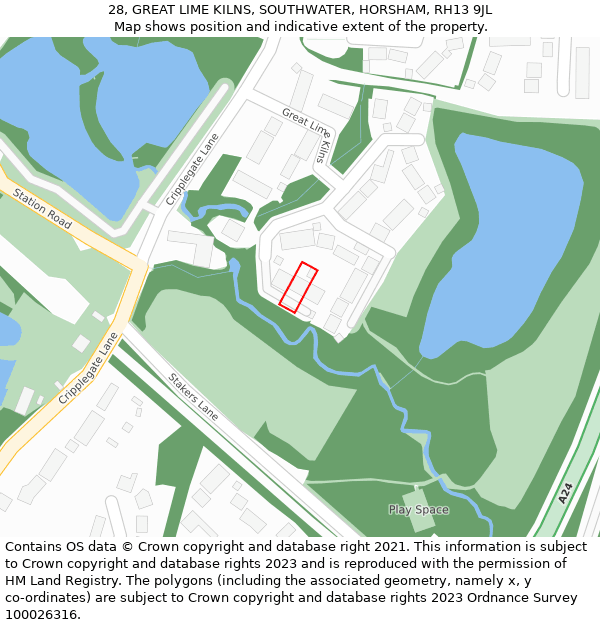 28, GREAT LIME KILNS, SOUTHWATER, HORSHAM, RH13 9JL: Location map and indicative extent of plot