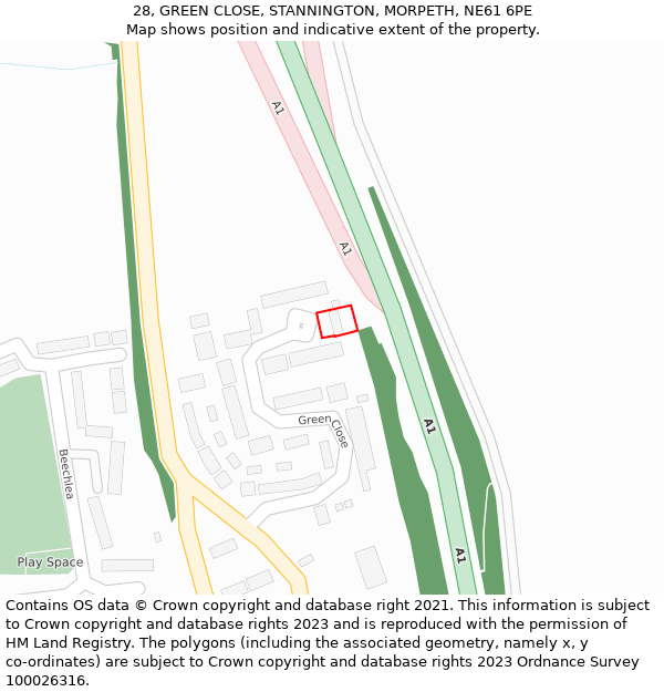 28, GREEN CLOSE, STANNINGTON, MORPETH, NE61 6PE: Location map and indicative extent of plot