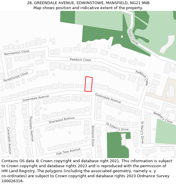 28, GREENDALE AVENUE, EDWINSTOWE, MANSFIELD, NG21 9NB: Location map and indicative extent of plot