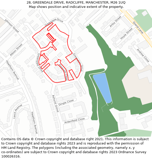 28, GREENDALE DRIVE, RADCLIFFE, MANCHESTER, M26 1UQ: Location map and indicative extent of plot