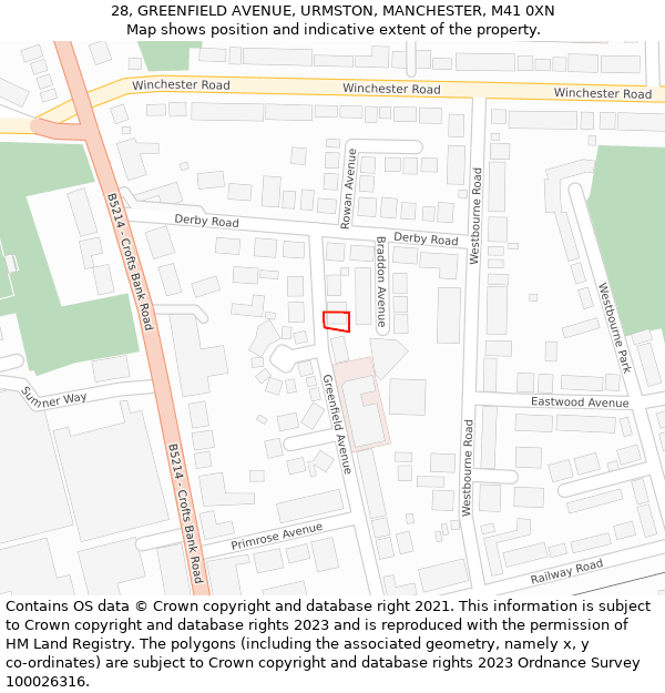 28, GREENFIELD AVENUE, URMSTON, MANCHESTER, M41 0XN: Location map and indicative extent of plot