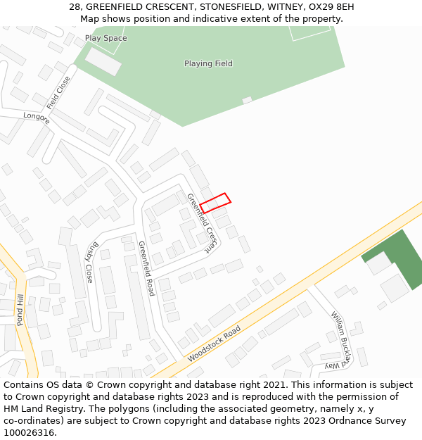 28, GREENFIELD CRESCENT, STONESFIELD, WITNEY, OX29 8EH: Location map and indicative extent of plot