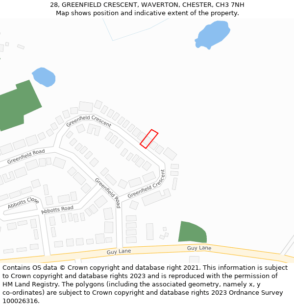 28, GREENFIELD CRESCENT, WAVERTON, CHESTER, CH3 7NH: Location map and indicative extent of plot