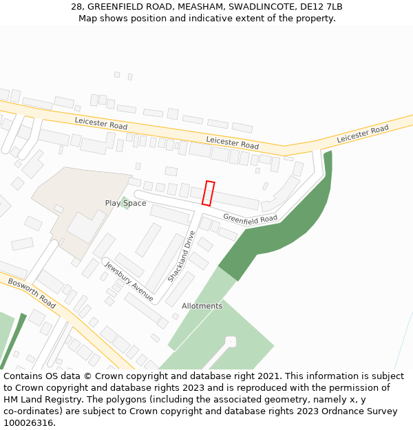 28, GREENFIELD ROAD, MEASHAM, SWADLINCOTE, DE12 7LB: Location map and indicative extent of plot