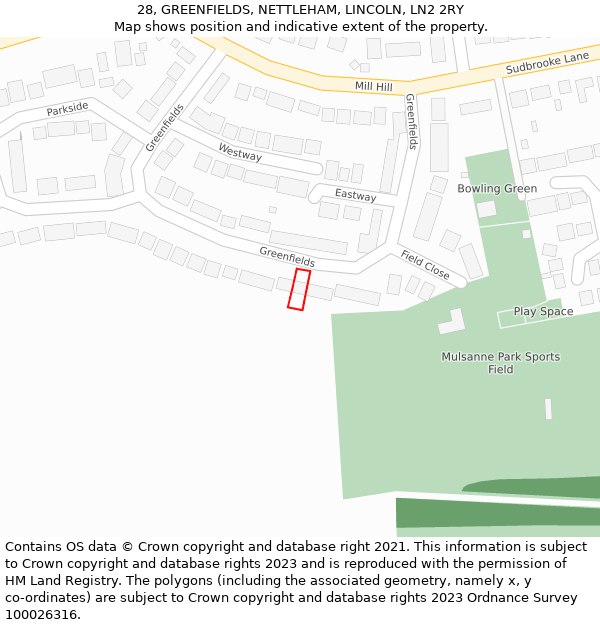 28, GREENFIELDS, NETTLEHAM, LINCOLN, LN2 2RY: Location map and indicative extent of plot