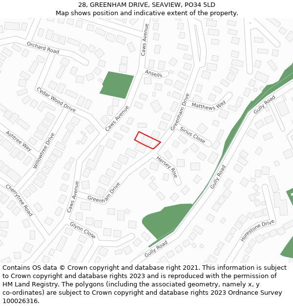 28, GREENHAM DRIVE, SEAVIEW, PO34 5LD: Location map and indicative extent of plot