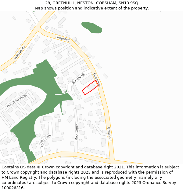 28, GREENHILL, NESTON, CORSHAM, SN13 9SQ: Location map and indicative extent of plot