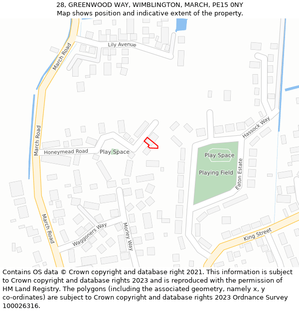 28, GREENWOOD WAY, WIMBLINGTON, MARCH, PE15 0NY: Location map and indicative extent of plot
