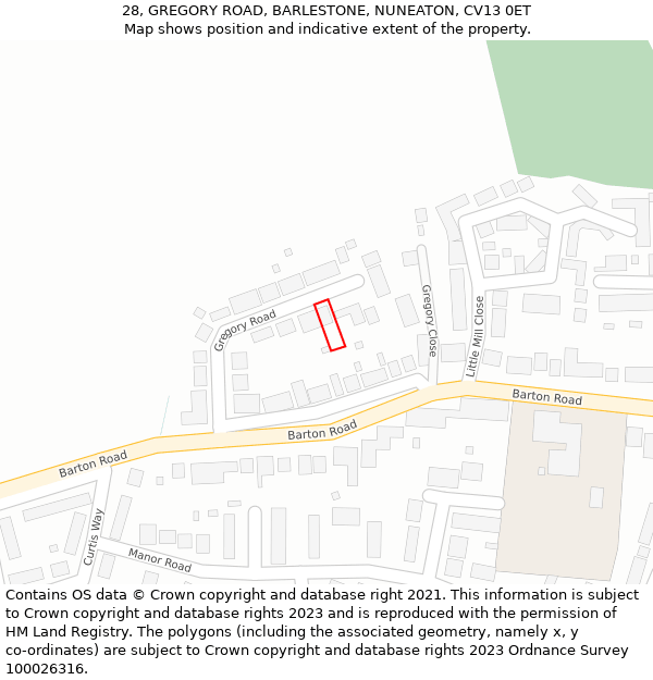 28, GREGORY ROAD, BARLESTONE, NUNEATON, CV13 0ET: Location map and indicative extent of plot