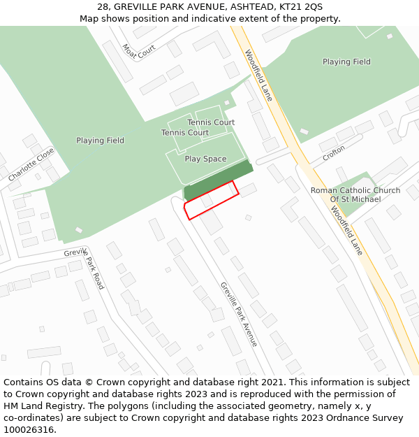 28, GREVILLE PARK AVENUE, ASHTEAD, KT21 2QS: Location map and indicative extent of plot