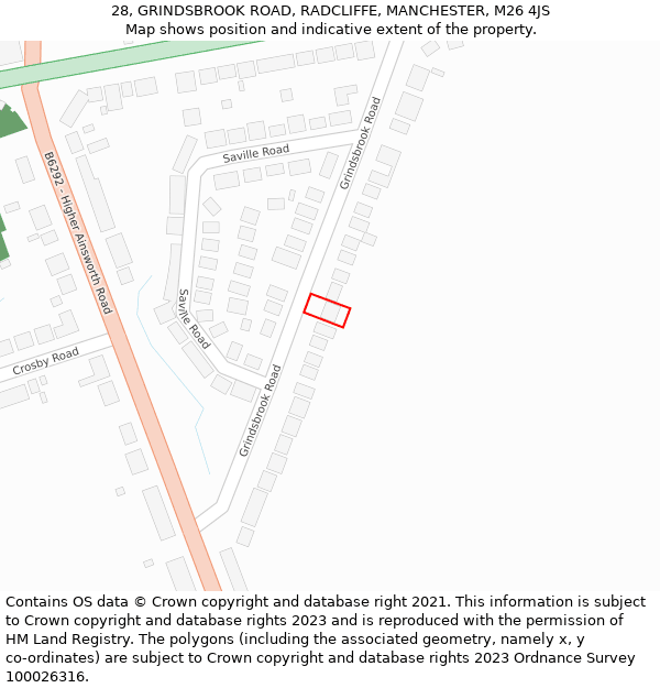 28, GRINDSBROOK ROAD, RADCLIFFE, MANCHESTER, M26 4JS: Location map and indicative extent of plot