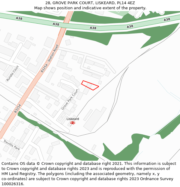 28, GROVE PARK COURT, LISKEARD, PL14 4EZ: Location map and indicative extent of plot