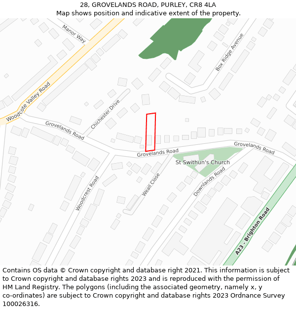 28, GROVELANDS ROAD, PURLEY, CR8 4LA: Location map and indicative extent of plot